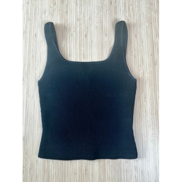 Aritzia Babaton Black Ribbed Knit Cropped Tank Top Square Neck Sleeveless - Picture 1 of 10